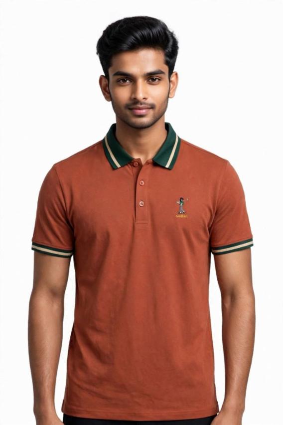 Men Orange Slim Fit Tipped Collar Polo T-Shirt with Chest Embroidery