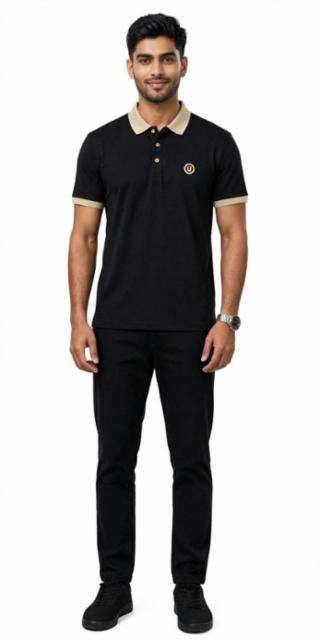 Men Black Slim Fit Polo T-Shirt with Beige Contrast Collar & Sleeve Cuffs