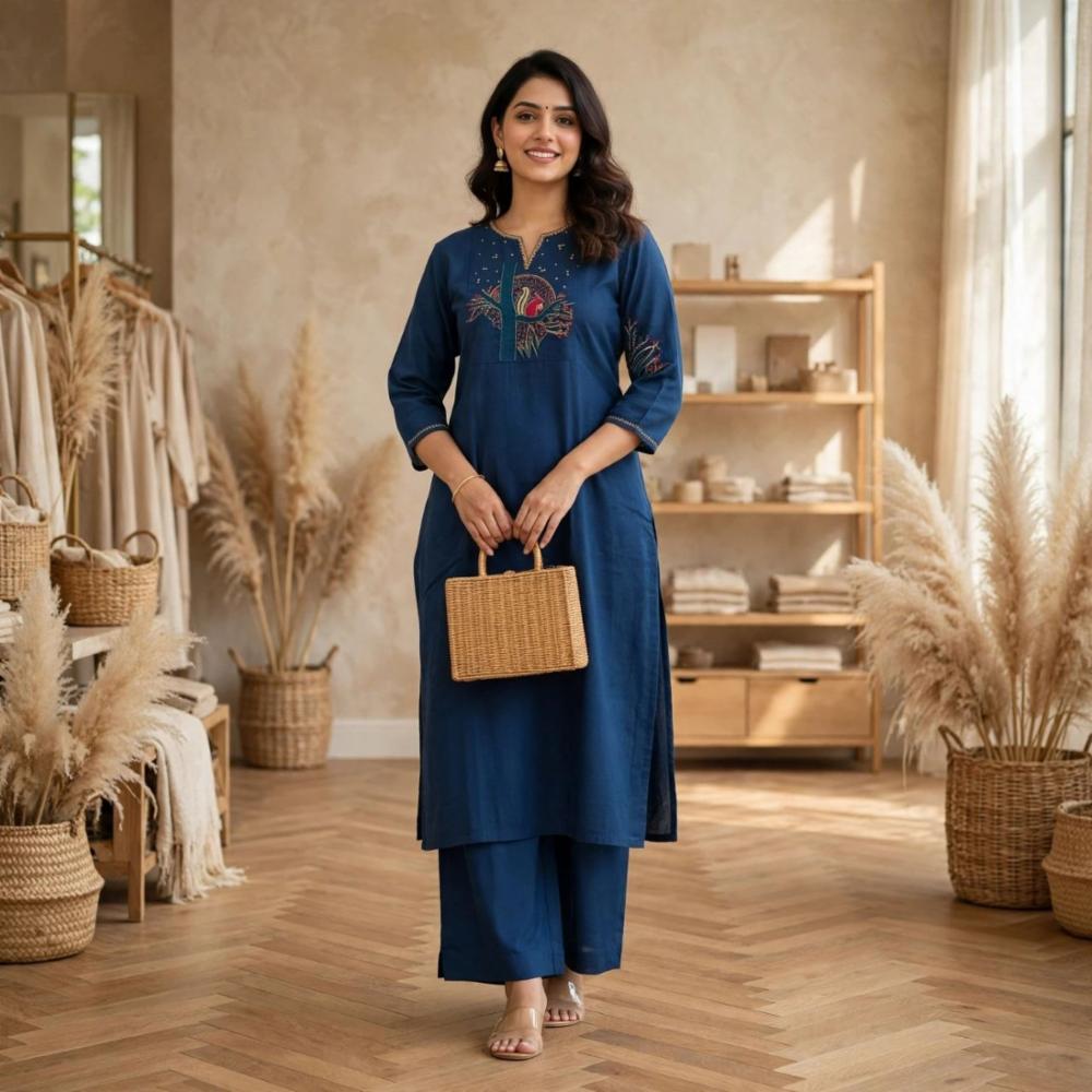 Women Navy Blue Cotton Straight Kurta Set with Embroidered Yoke & Palazzo