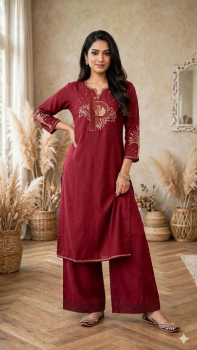 Women Maruan Cotton Straight Kurta Set with Embroidered Yoke & Palazzo