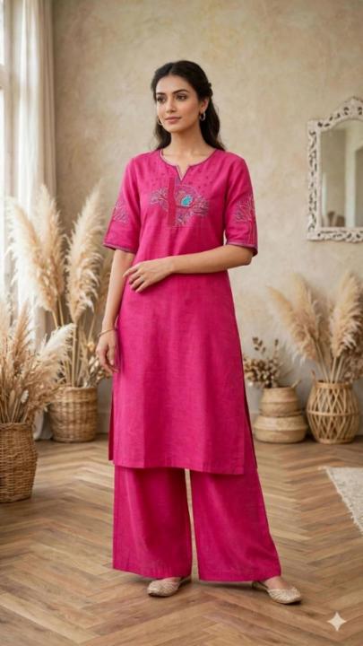 Women Pink Cotton Straight Kurta Set with Embroidered Yoke & Palazzo