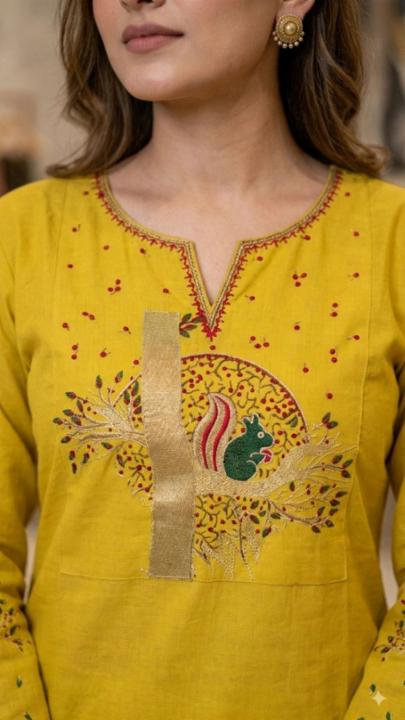 Women Yellow Cotton Straight Kurta Set with Embroidered Yoke & Palazzo