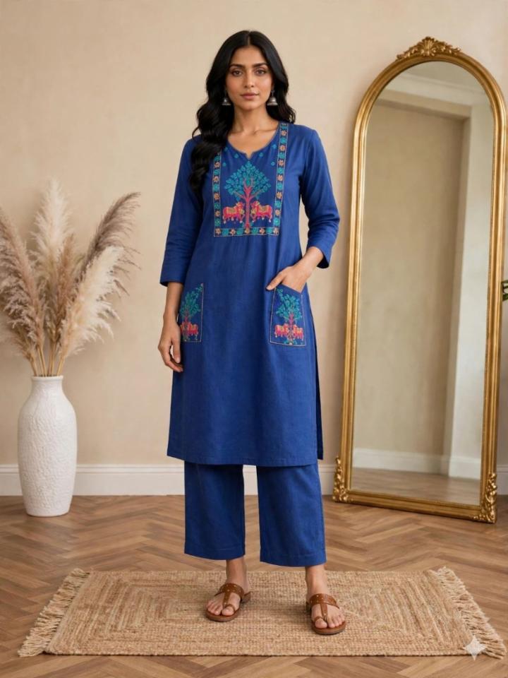 Women Royal Blue Cotton Straight Kurta Set with Tree & Animal Folk Embroidery & Side Pockets