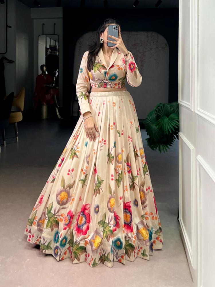 Floral Print Tasar Silk Co-ord Set Lehenga with Blouse