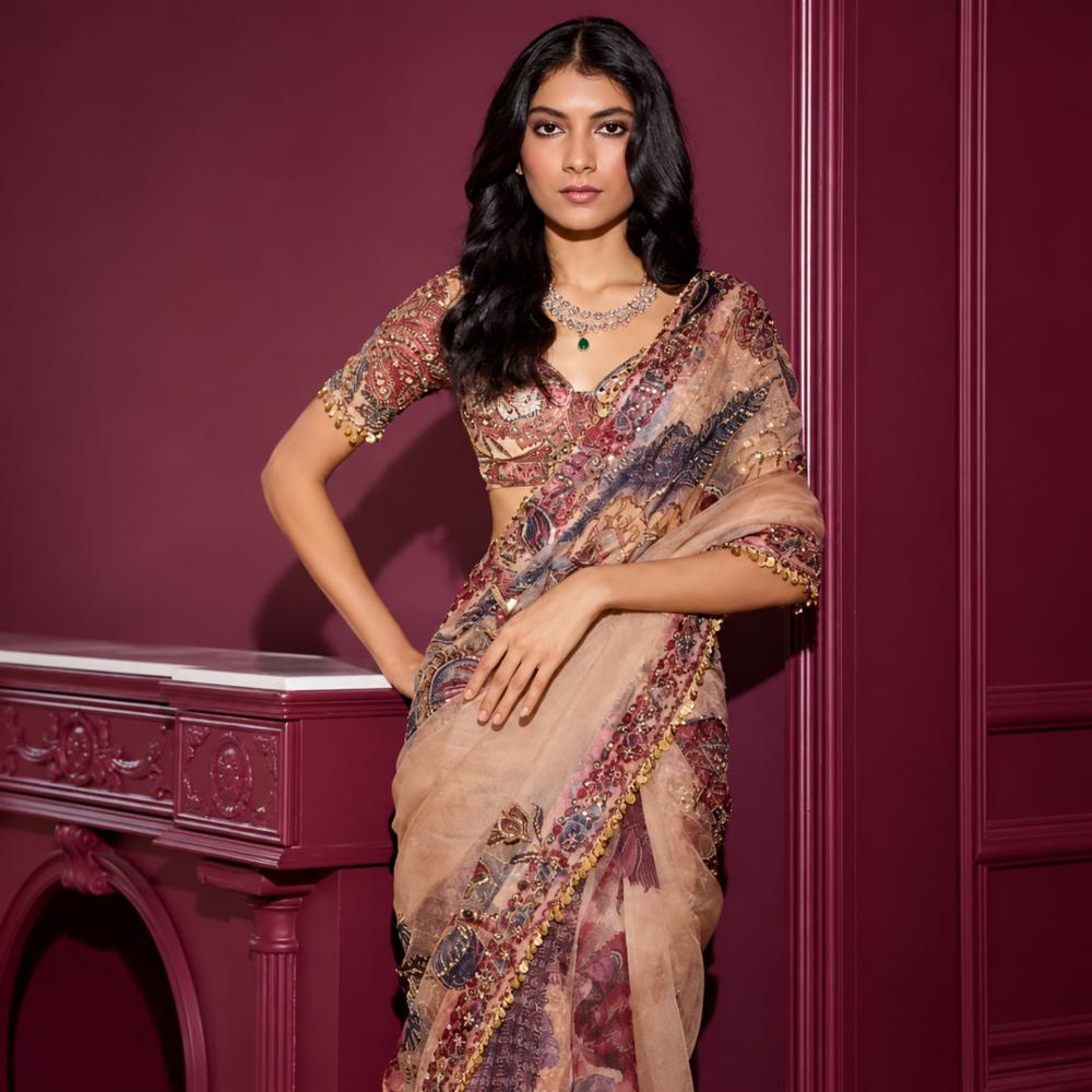 Digital Printed Tebby Silk Saree with Embroidery