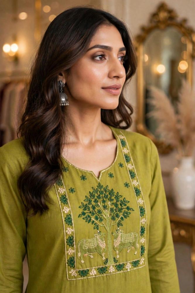 Women Olive Green Cotton Straight Kurta Set with Tree & Animal Folk Embroidery & Side Pockets