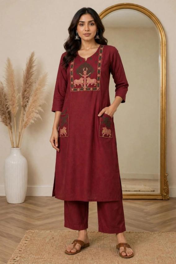 Women Maruan Cotton Straight Kurta Set with Tree & Animal Folk Embroidery & Side Pockets