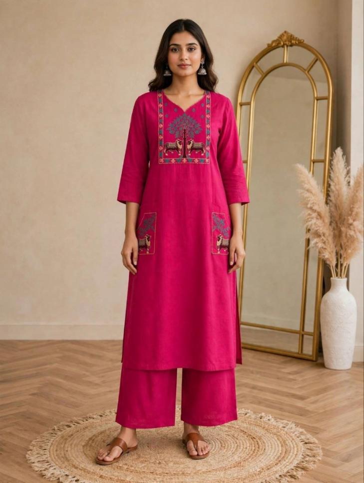 Women Pink Cotton Straight Kurta Set with Tree & Animal Folk Embroidery & Side Pockets
