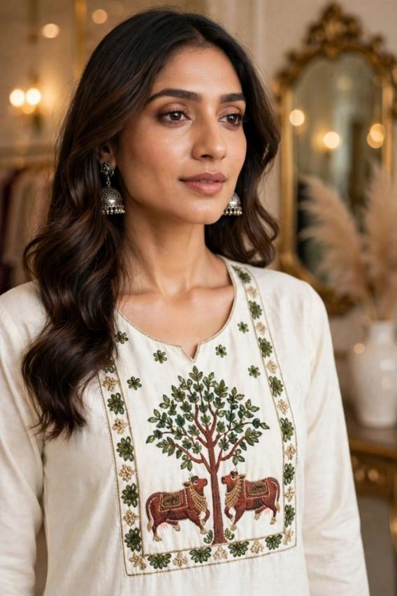 Women White Cotton Straight Kurta Set with Tree & Animal Folk Embroidery & Side Pockets