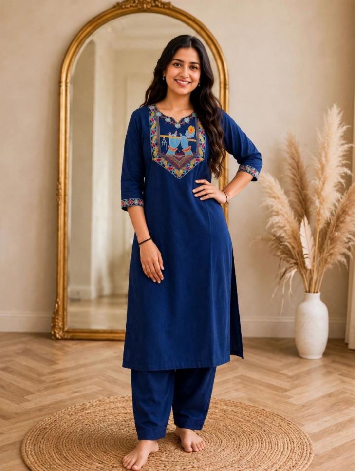 Women Navy Blue Cotton Straight Kurta Set with Radha Krishna Embroidered Yoke & Pants