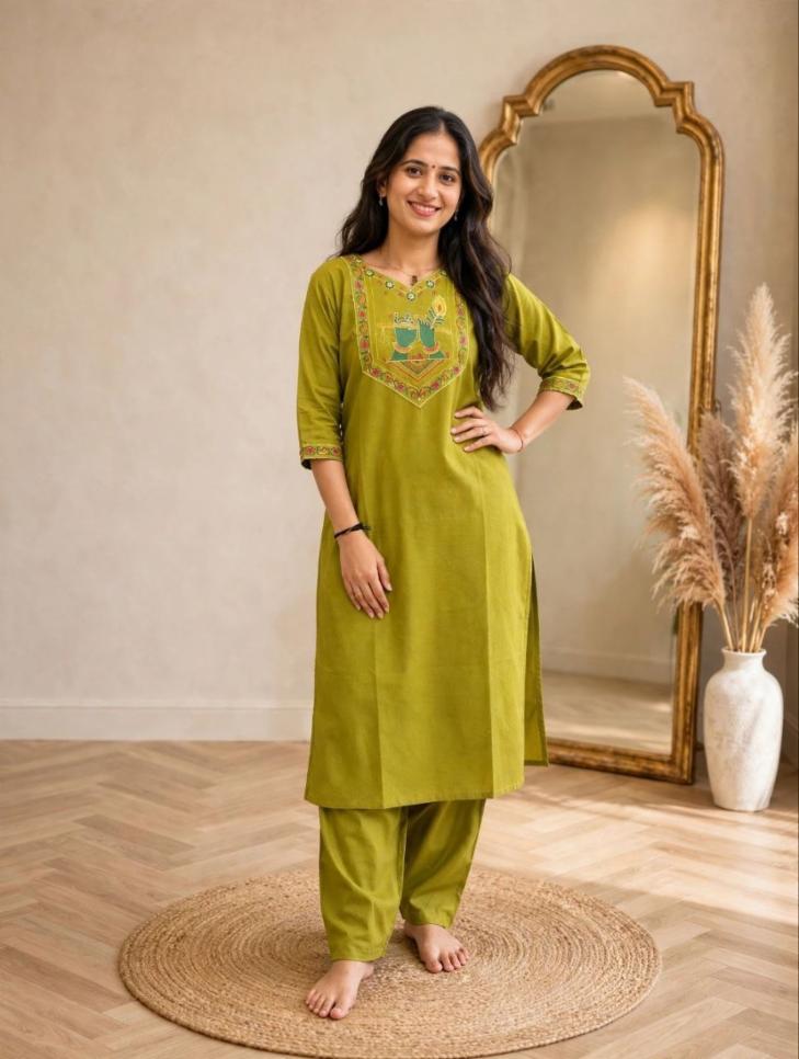 Women Green Cotton Straight Kurta Set with Radha Krishna Embroidered Yoke & Pants