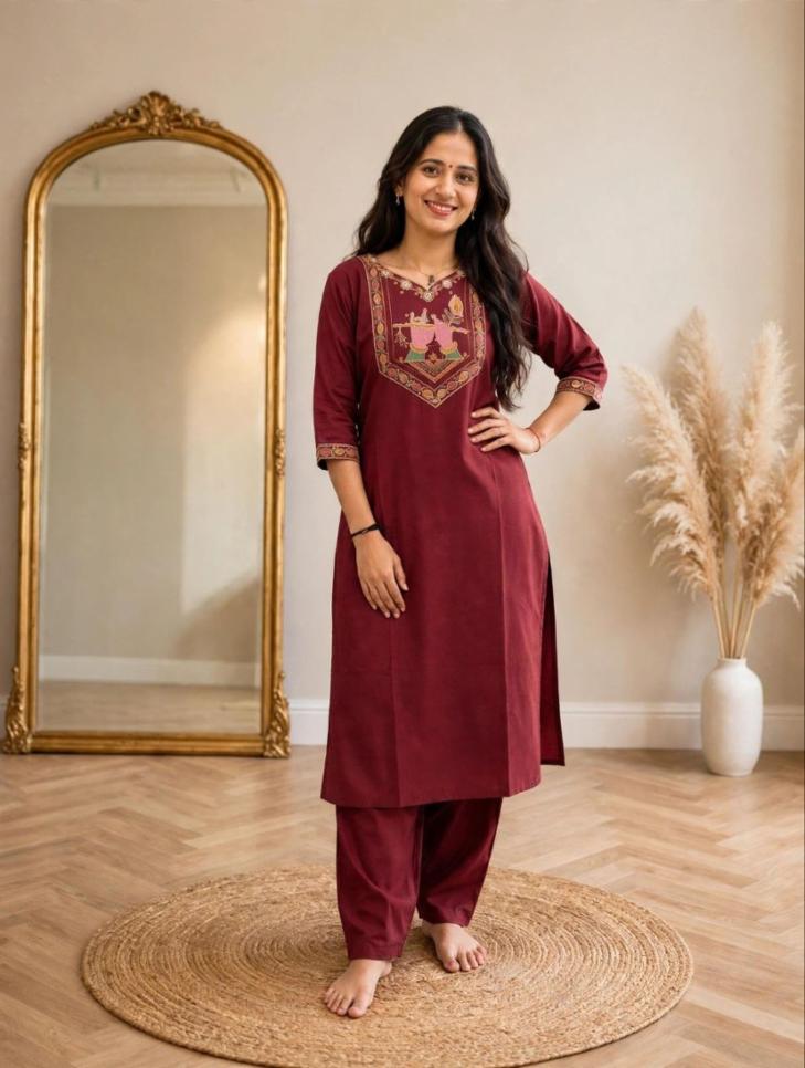 Women Maruan Cotton Straight Kurta Set with Radha Krishna Embroidered Yoke & Pants