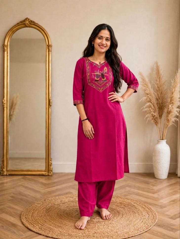 Women PINK Cotton Straight Kurta Set with Radha Krishna Embroidered Yoke & Pants