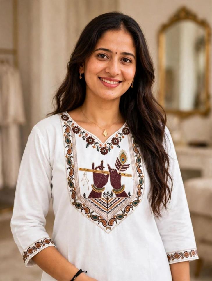 Women WHITE  Cotton Straight Kurta Set with Radha Krishna Embroidered Yoke & Pants
