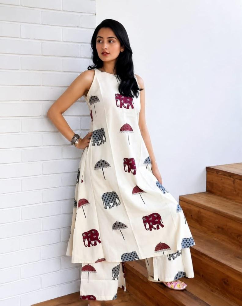Women Off-White Cotton Sleeveless A-Line Dress with Elephant & Umbrella Block Print