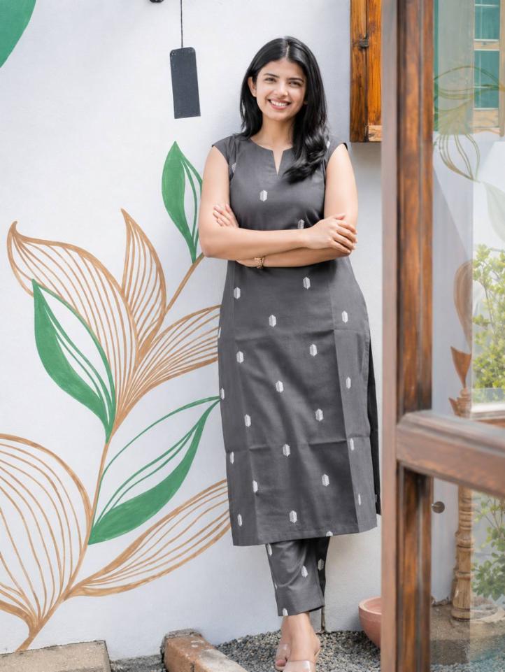 Women Grey Cotton Sleeveless Straight Kurta Set with Embroidered Motifs & Pants