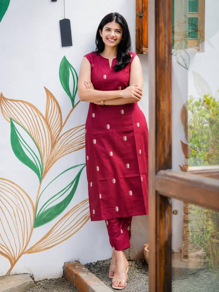 Women MARUAN Cotton Sleeveless Straight Kurta Set with Embroidered Motifs & Pants
