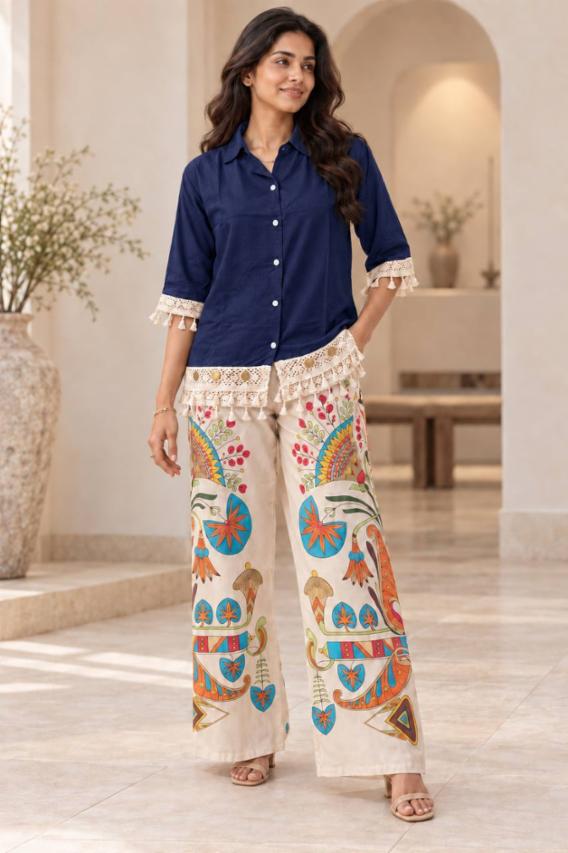 Women Navy Blue Solid Shirt Top with Lace & Tassel Detail and Printed Pants Co-ord Set