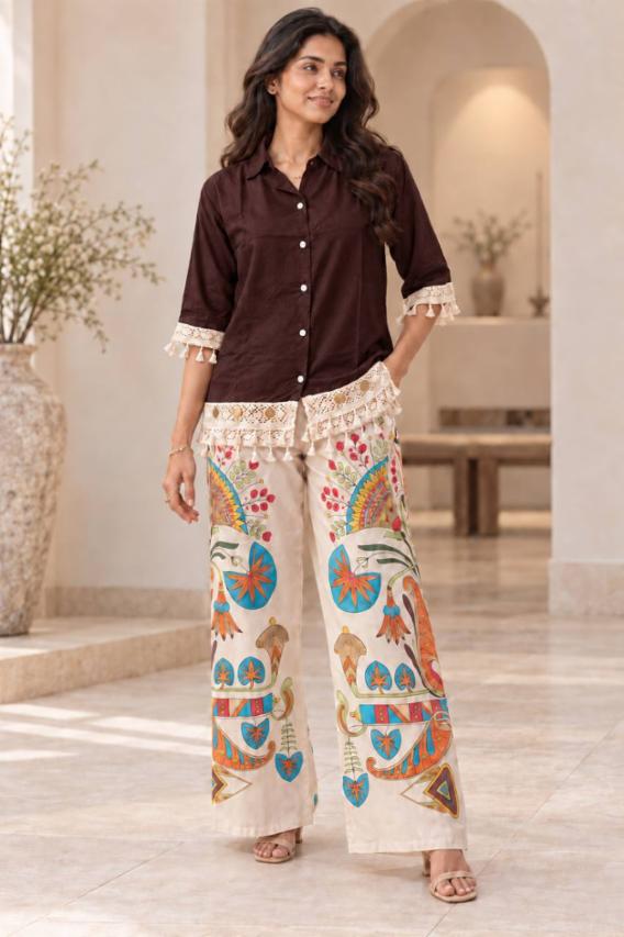 Women Coffe Solid Shirt Top with Lace & Tassel Detail and Printed Pants Co-ord Set