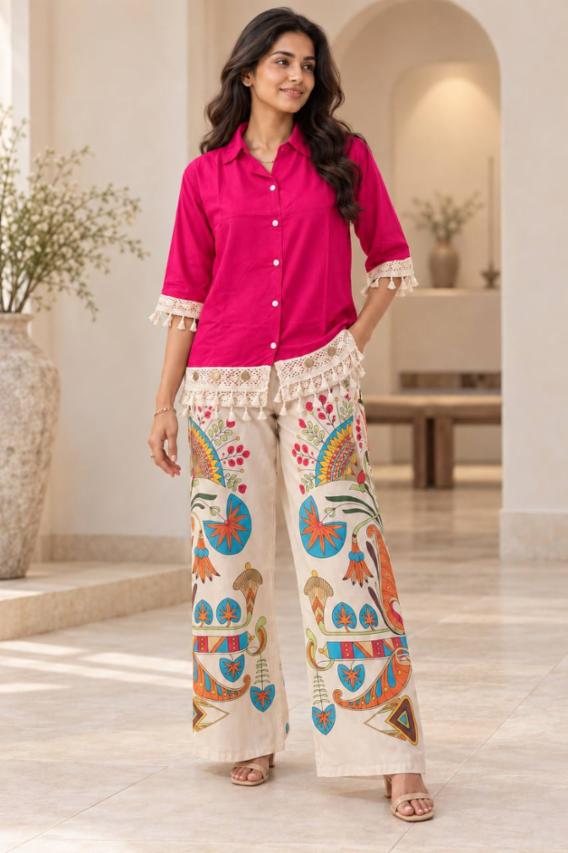 Women Pink Solid Shirt Top with Lace & Tassel Detail and Printed Pants Co-ord Set