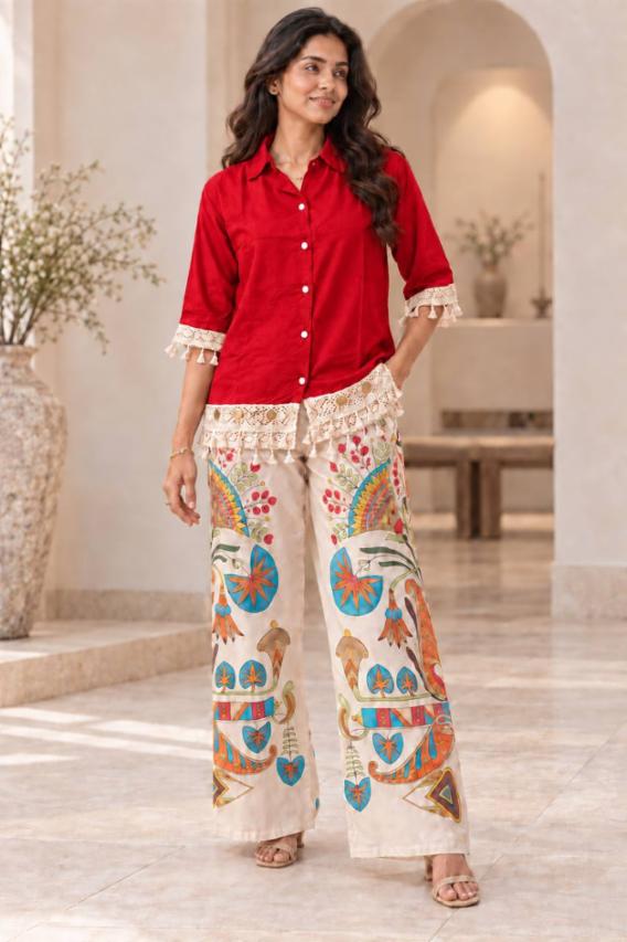 Women Red Solid Shirt Top with Lace & Tassel Detail and Printed Pants Co-ord Set