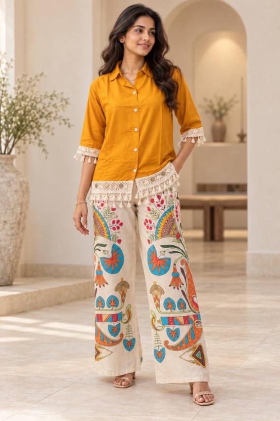 Women  Yellow Solid Shirt Top with Lace & Tassel Detail and Printed Pants Co-ord Set