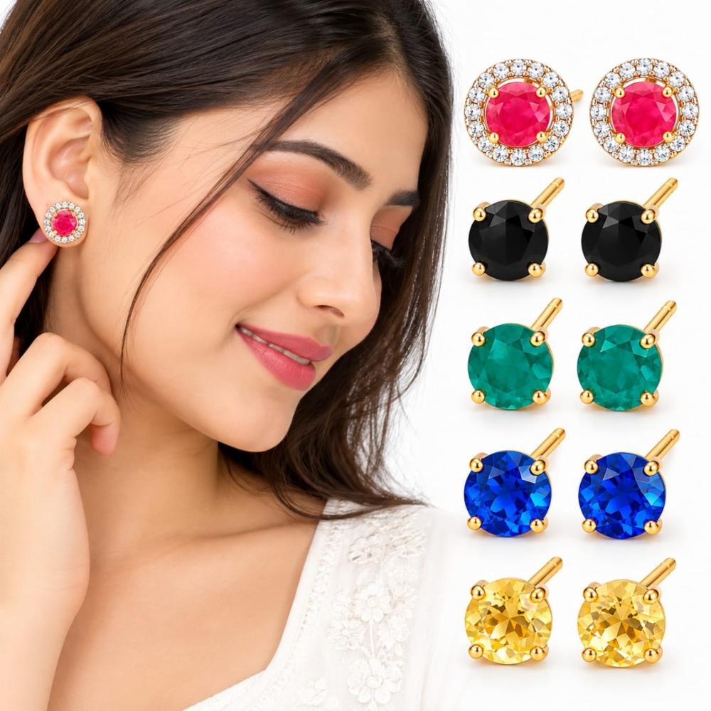 Womenâs Multicolor Stone Stud Earrings Set (5 Pairs, Pink/Black/Green/Blue/Yellow)