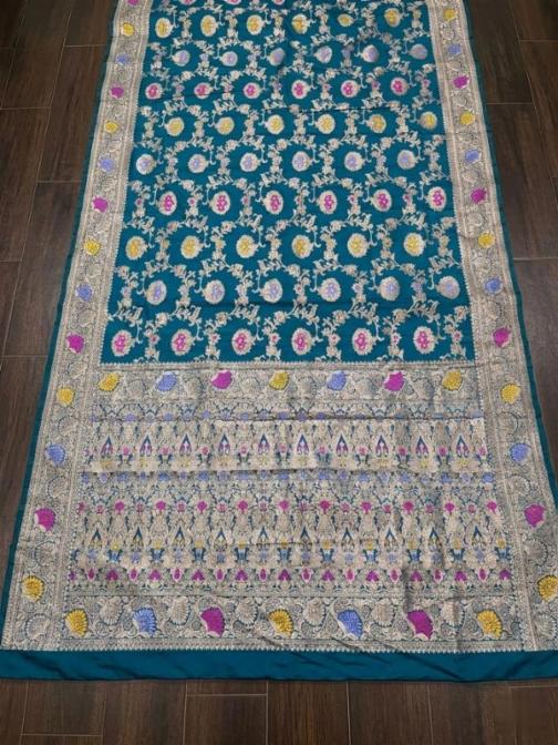 Teal Blue Banarasi Semi Silk Saree with Heavy Antique Zari Border & Pallu