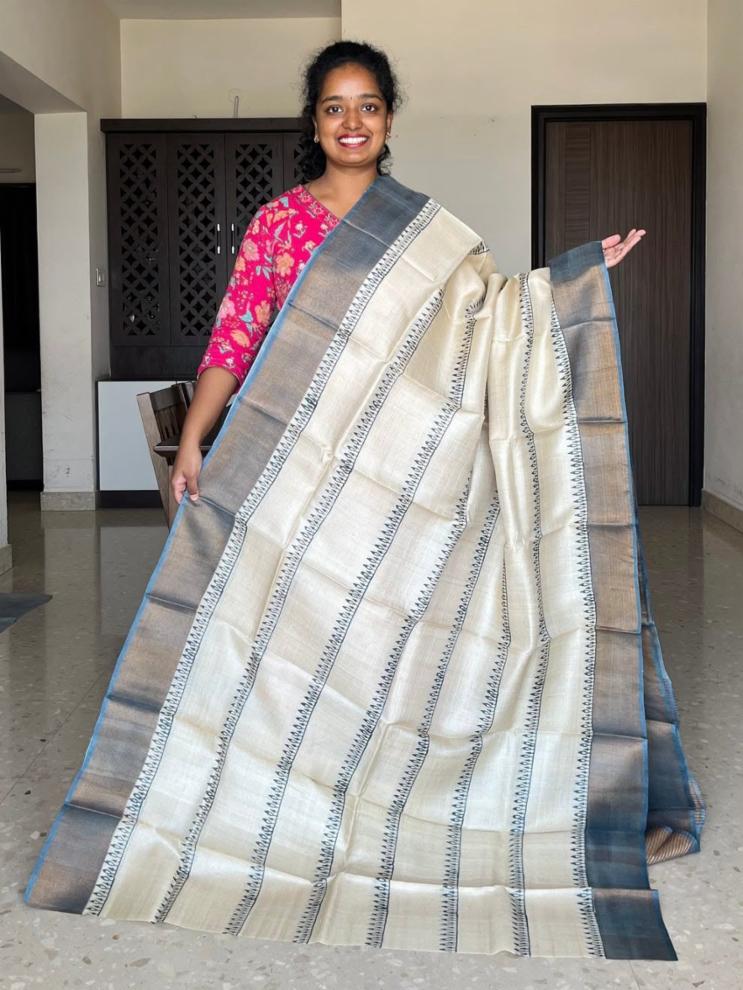 Pure Tussar Silk Handloom Saree with Panel Design and Gold Borders