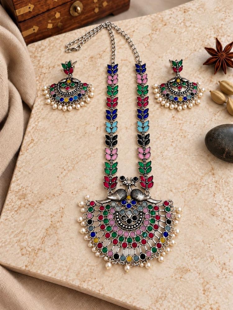 Peacock Design German Silver Long Necklace Set with Multicolour Stones & Earrings
