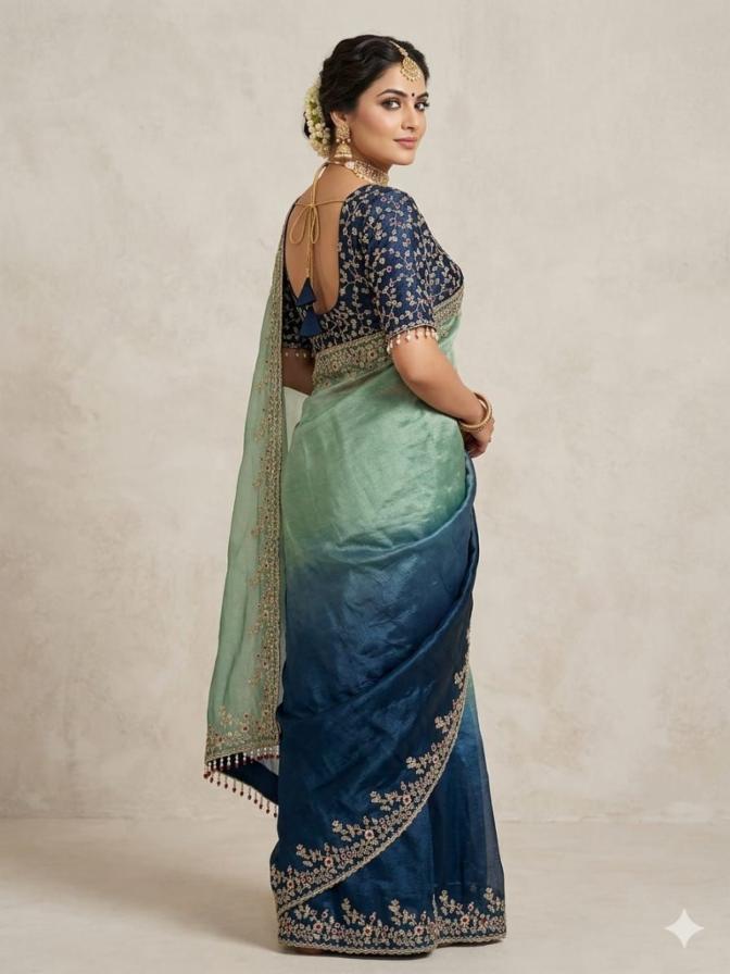 Soft Padding Two-Tone Fandy Chiffon Saree with Heavy Embroidery