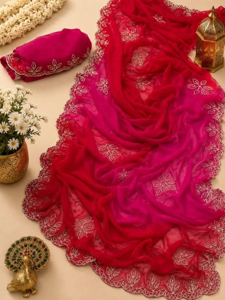 Half Pure Chiffon Multi Shaded Saree with Fancy Handwork and Contrast Blouse