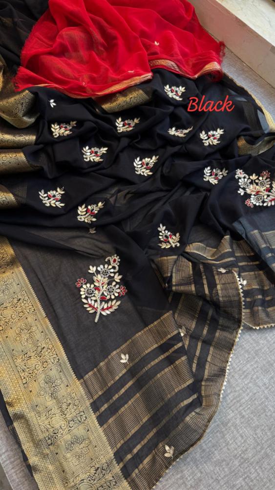 60gm Nano Georgette Saree with Fancy Handwork and Contrast Blouse
