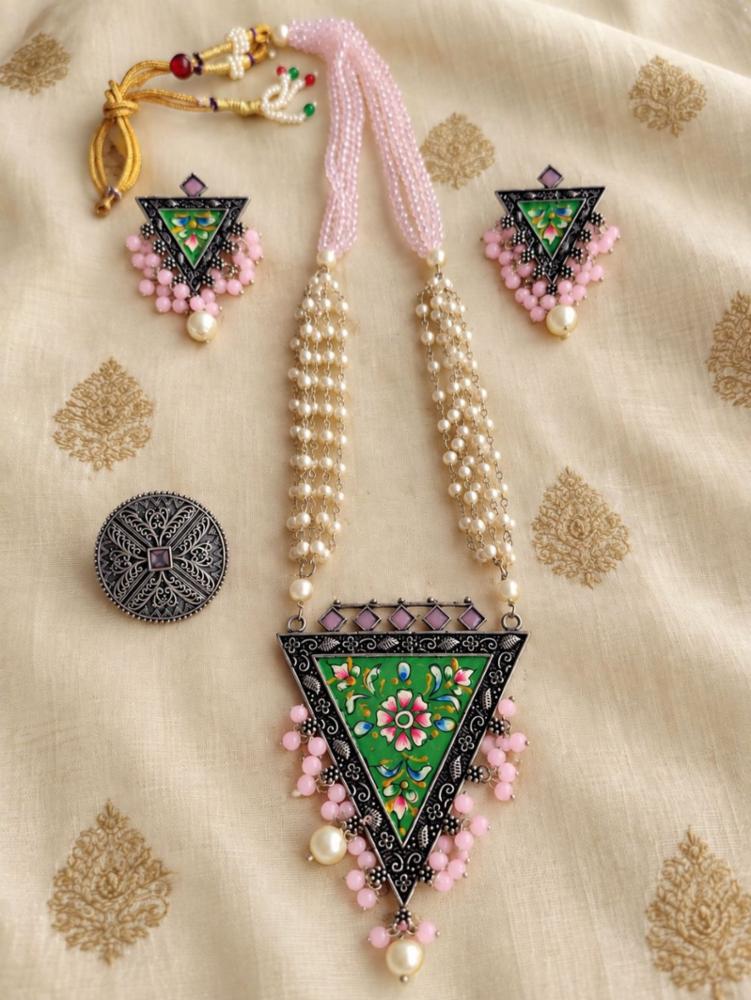 Hand-Painted Long Necklace Set with Matching Statement Earrings