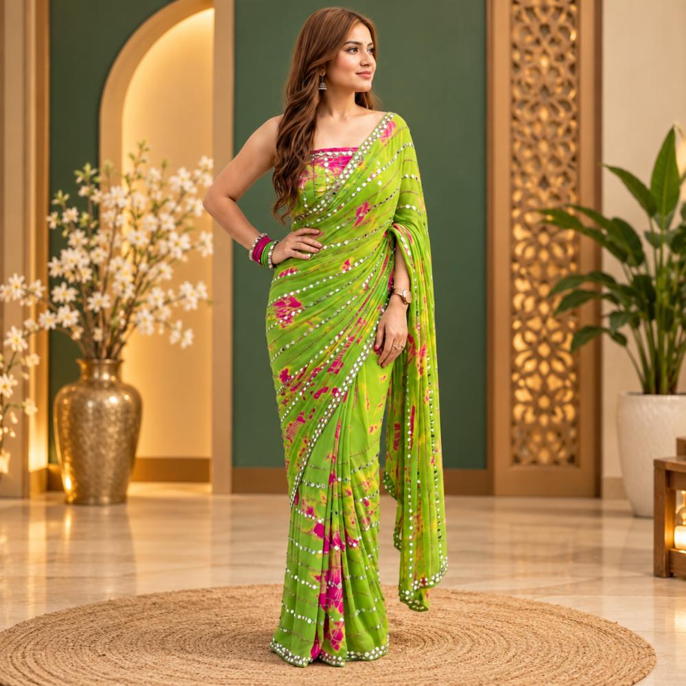 Faux Georgette Beads & Real Mirror Digital Print Saree 