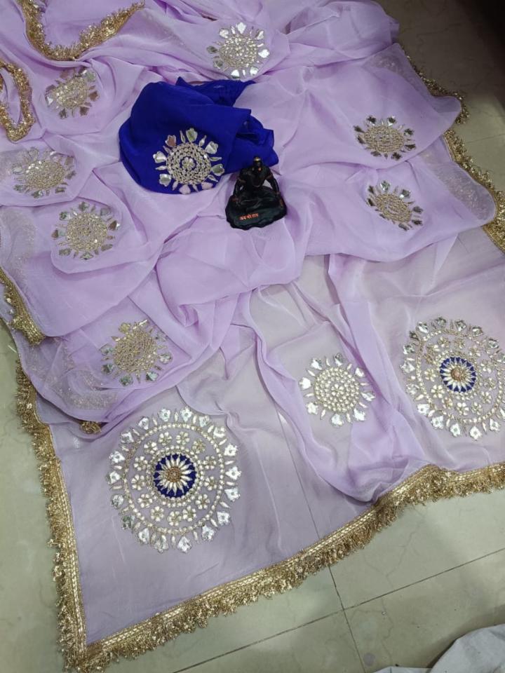 Half Pure Chiffon Saree with Gota Patti Handwork and Contrast Blouse