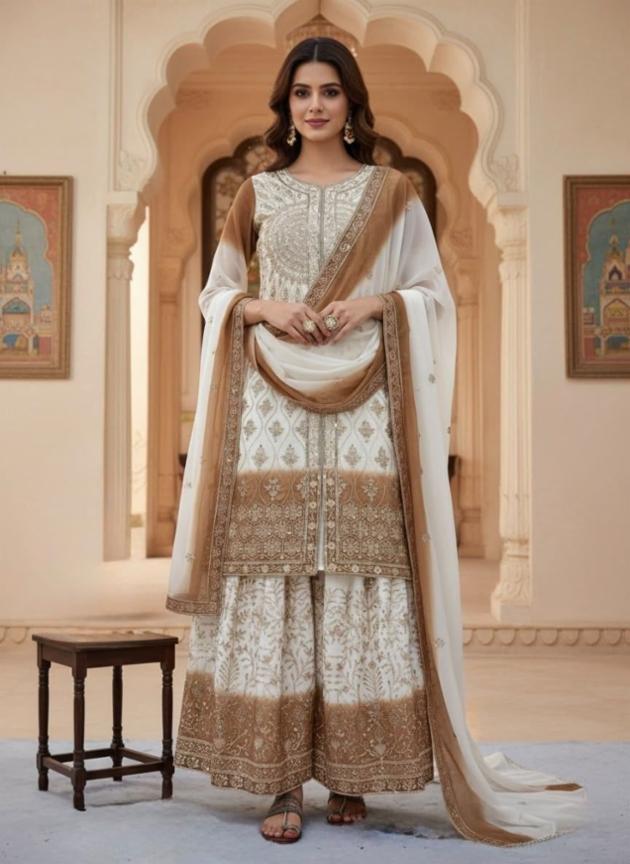 Heavy Dual Tone Georgette Embroidered Top, Plazzo & Dupatta Set