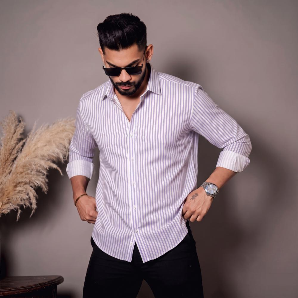 Men's Purple Cotton Blend Striped Shirt