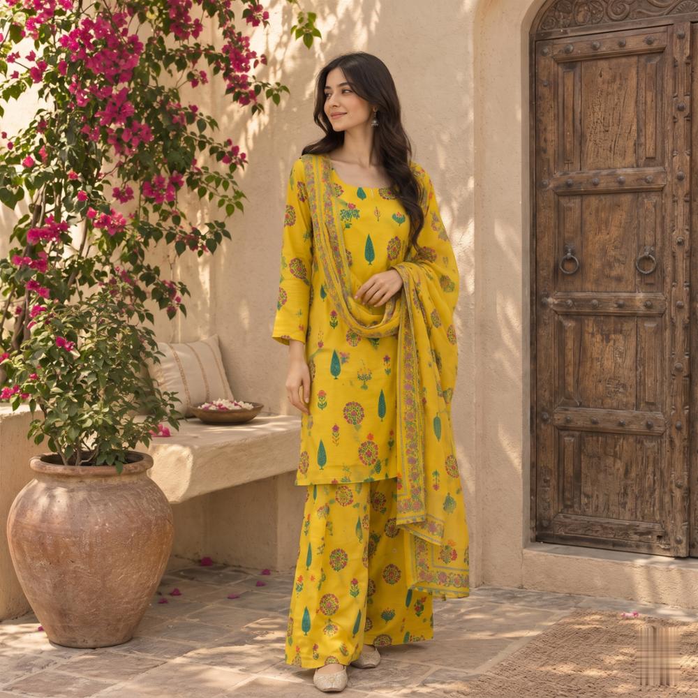 Farshi Salwar Set Cotton 60Ã60 Printed Kurta, Farshi Salwar, Dupatta - Yellow