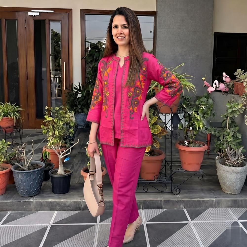 Three Piece Cotton Slub Embroidered Set with Floral Jacket, Inner, and Straight Trousers