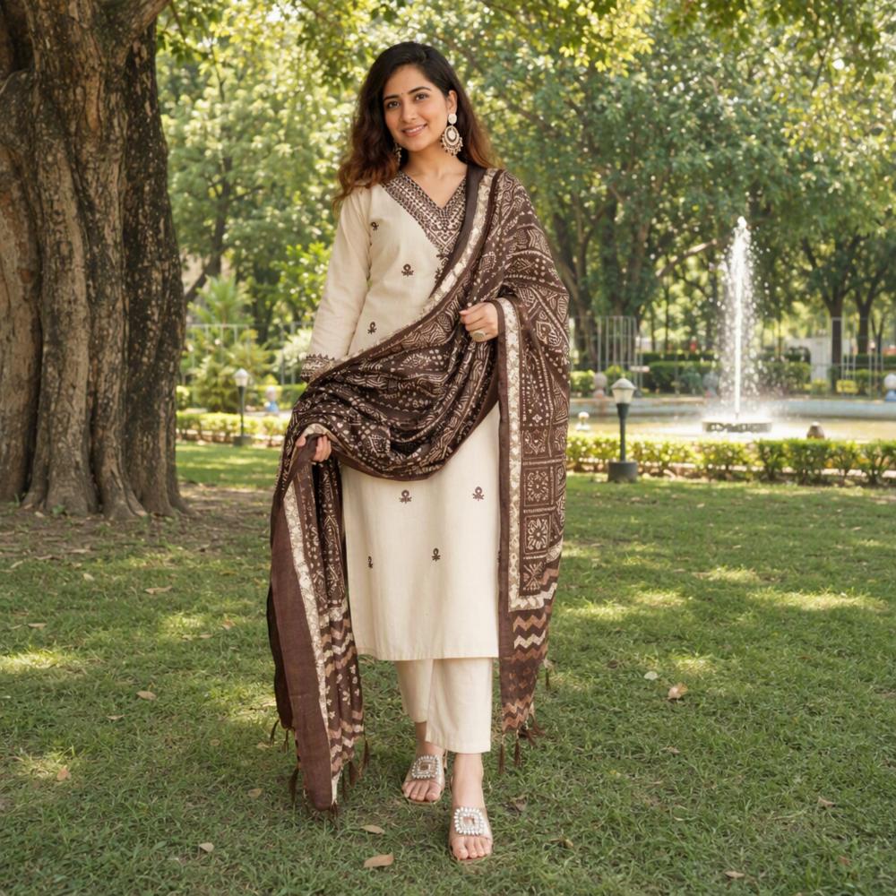 Embroidered Cotton Kurta Set with Silk Dupatta