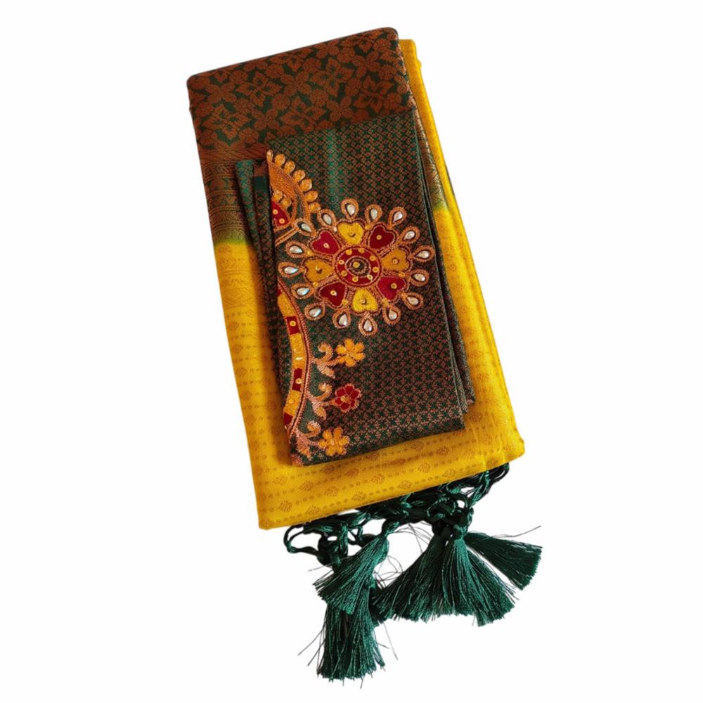 Traditional Designer Yellow Art Silk Saree with Contrast Embroidered Blouse Piece for Wedding