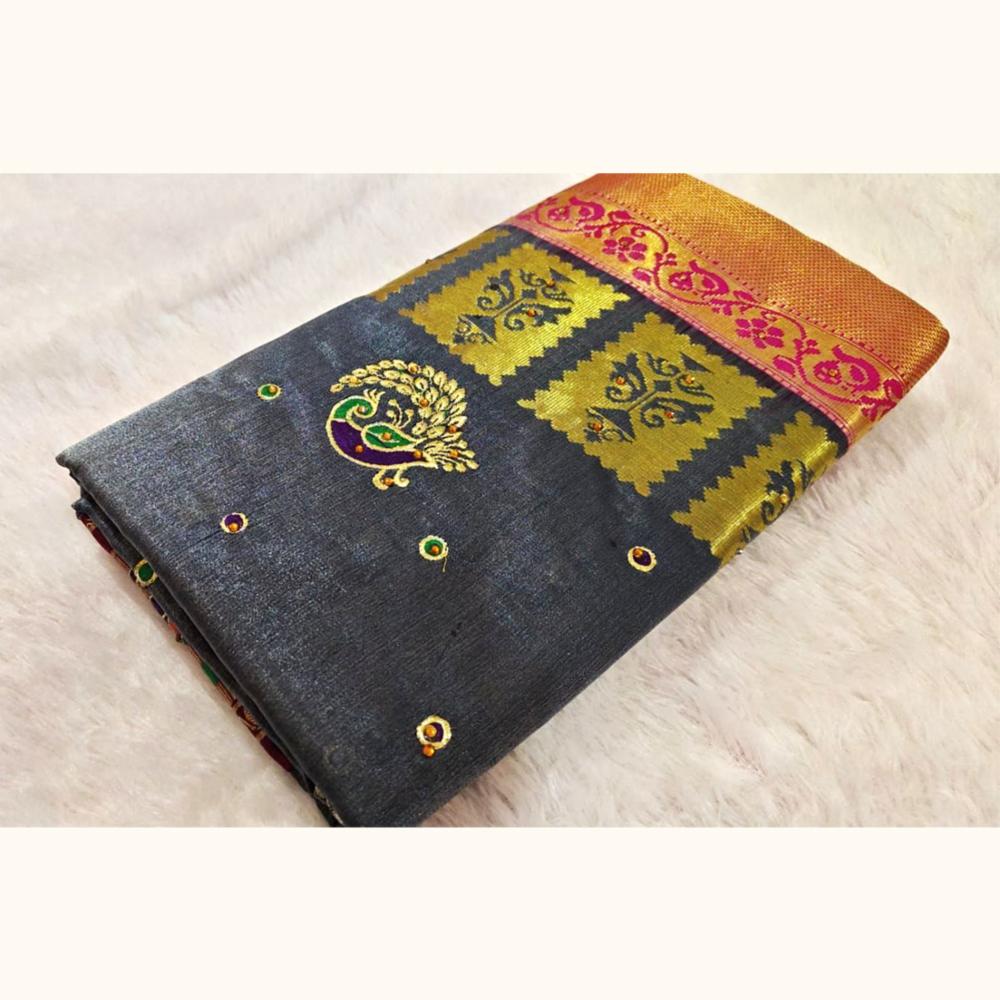 Grey Silk Saree with Multicolor Floral Border