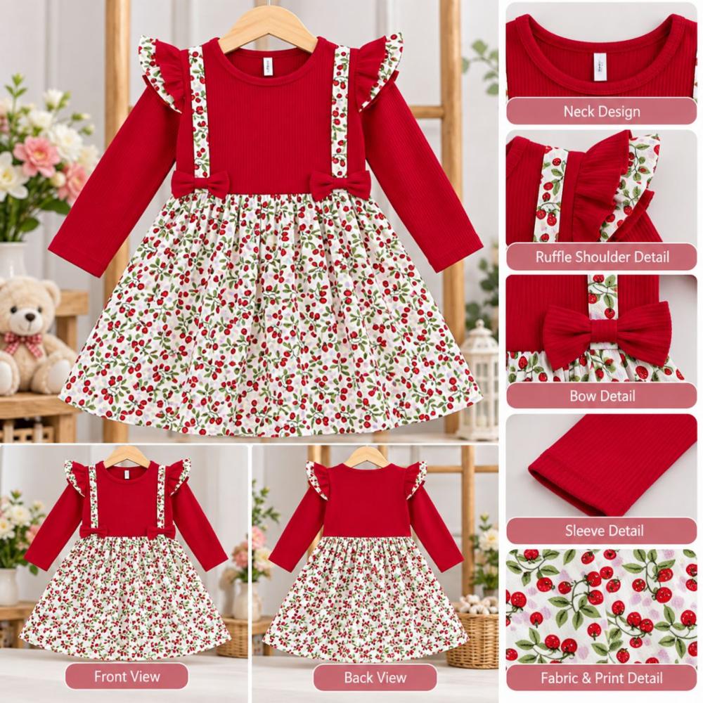 Girls' Red & Floral Print Turkish Doria Cotton Frock â Full Sleeve Party & Casual Wear Dress