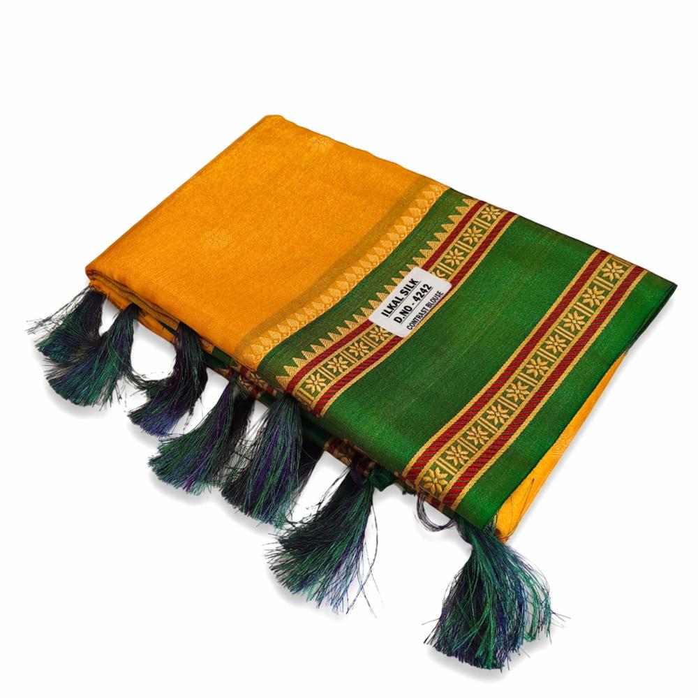 Traditional Ilkal Silk Saree - Mustard Yellow & Green with Contrast Blouse & Tassels