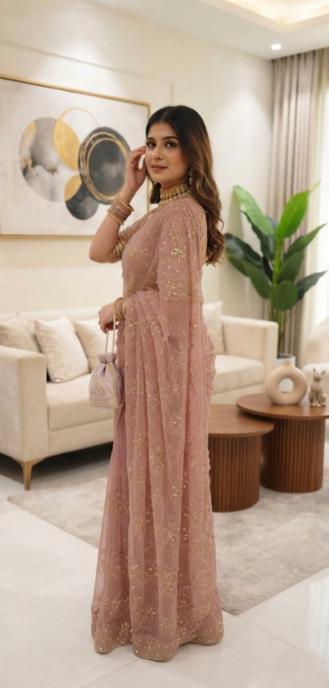 Designer Dusty Pink Net Sequin Embroidery Work Saree with Blouse Piece