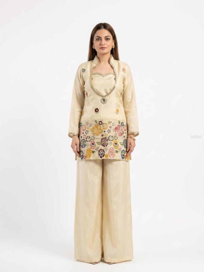 Women Beige Silk Short Kurti with Palazzo Set and Floral Embroidery Work