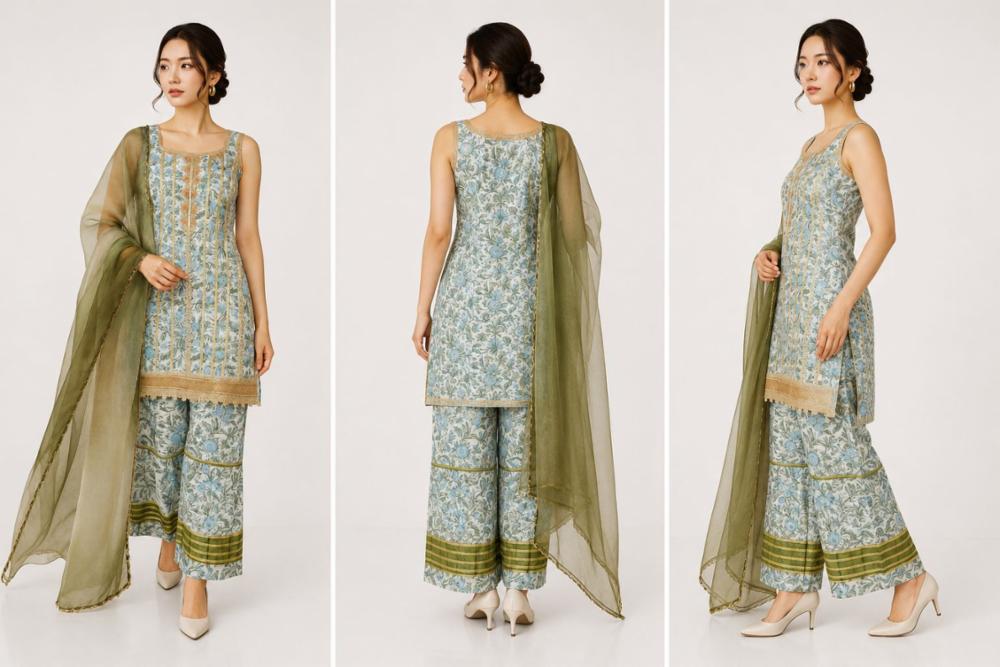Designer Floral Printed Short Kurti with Palazzo and Dupatta Set\n