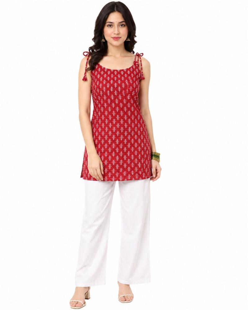 Women Maroon Printed Cotton Short Kurti / Top with Strap Sleeves 
