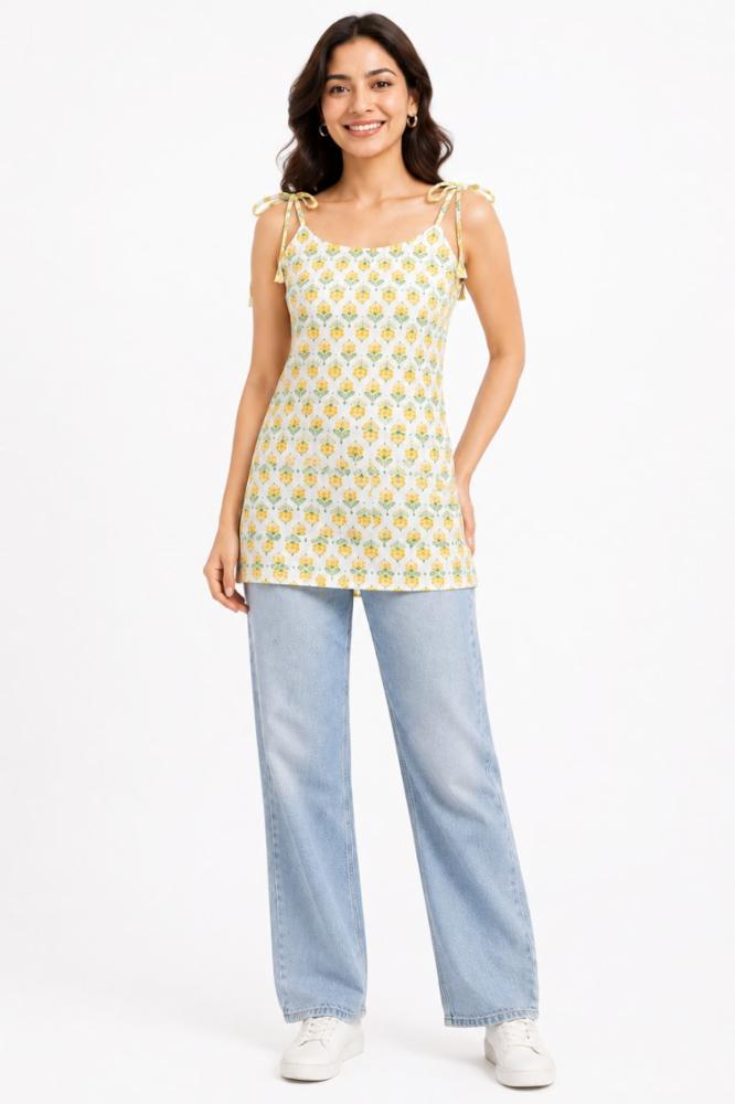 Women Yellow & Green Floral Printed Cotton Short Kurti / Top with Strap Sleeves (Kurti Only